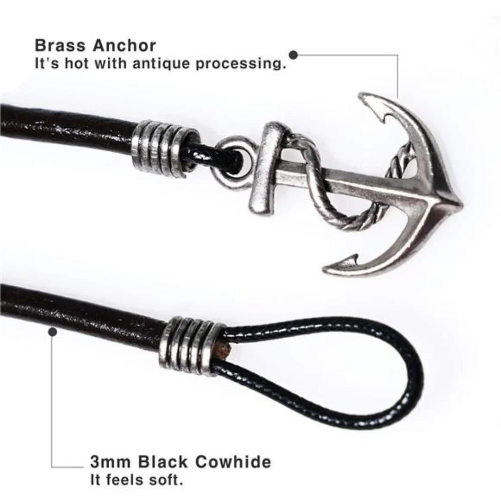 Handmade Genuine Leather Wrap Bracelet for Mens - Metal Anchor Hook Mens